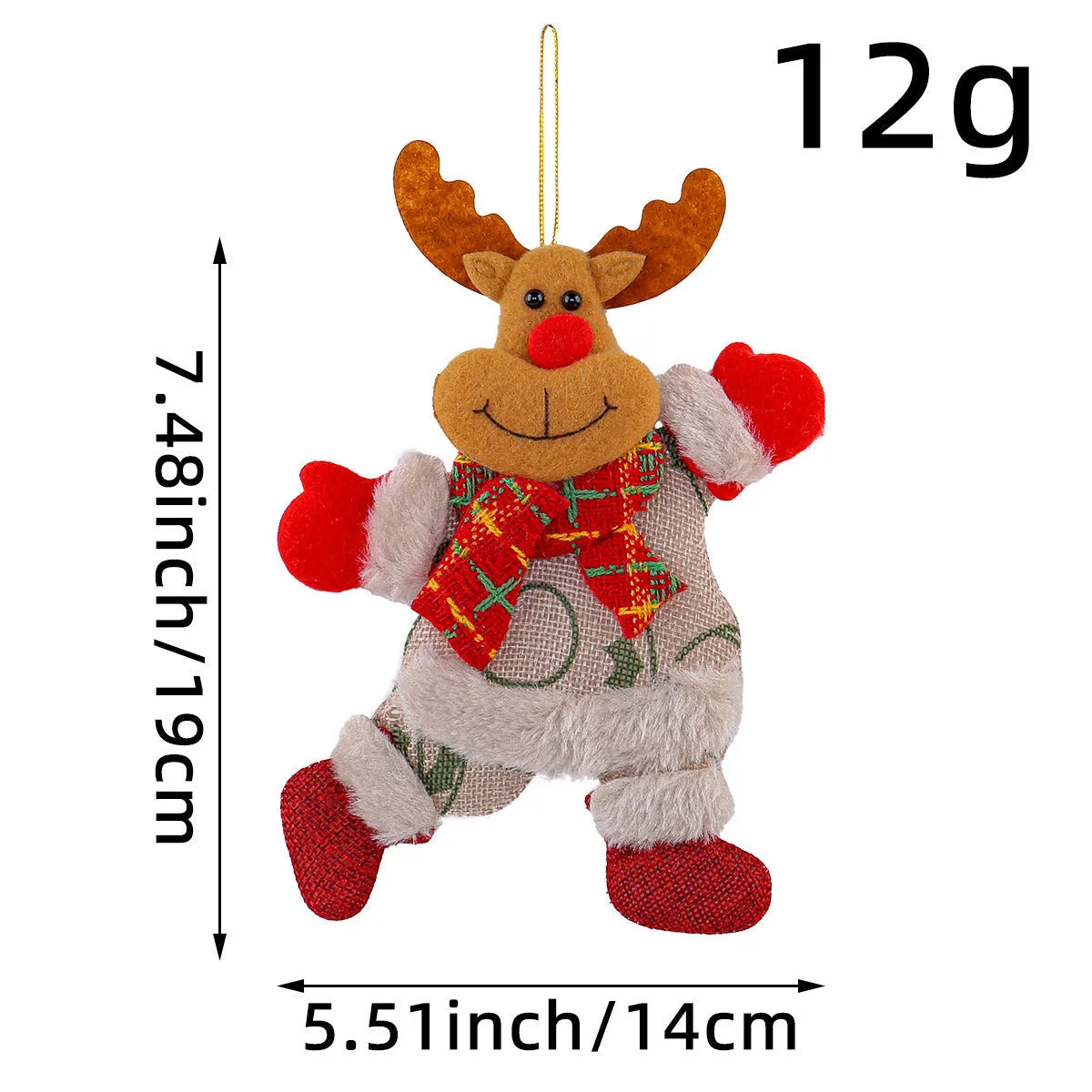 Set of four Christmas tree ornaments Santa snowman reindeer and bear figures with red white scarves golden balls red bows