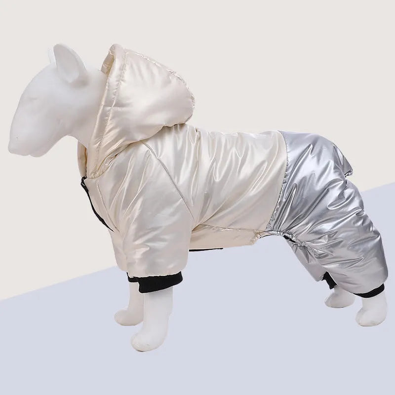 Green waterproof cotton-padded dog coat with four-legged design shown on medium-sized dog