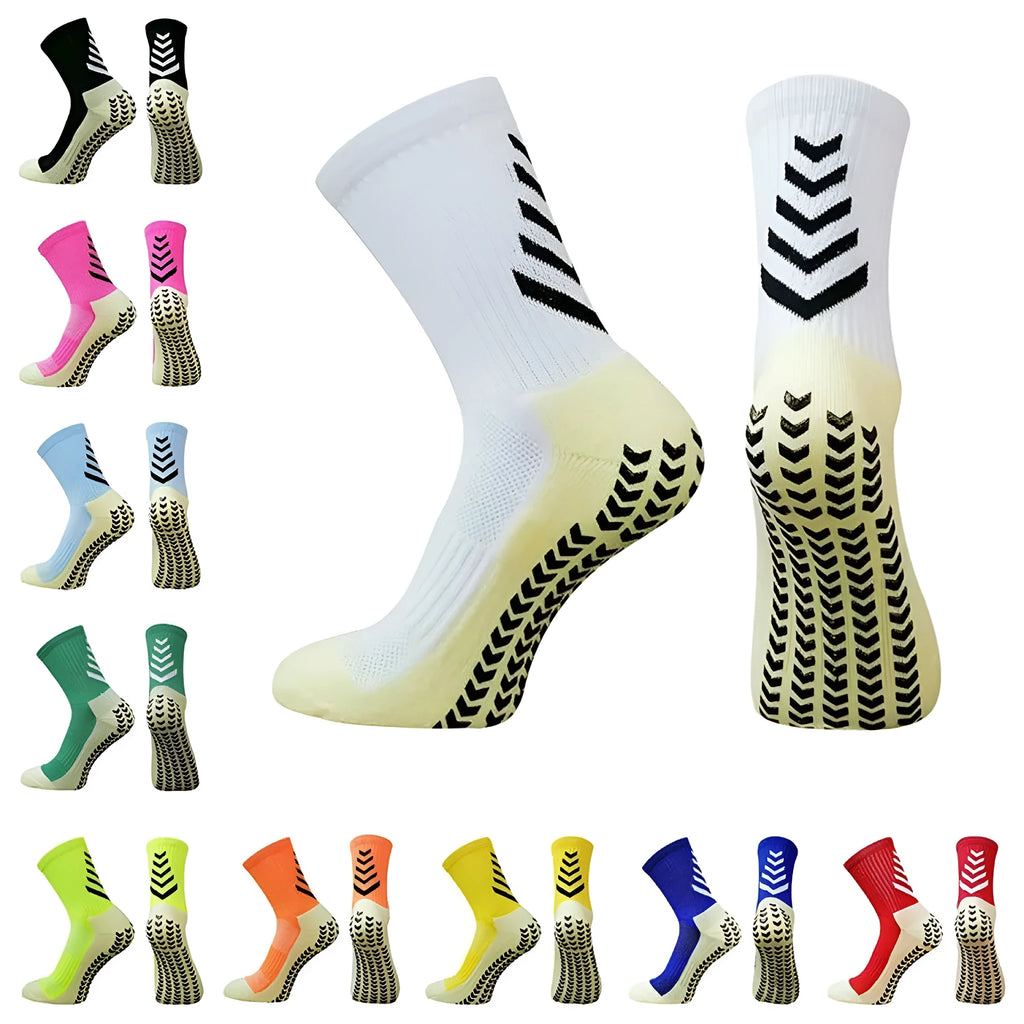 Men's mid-calf athletic socks with geometric patterns and silicone anti-slip grips