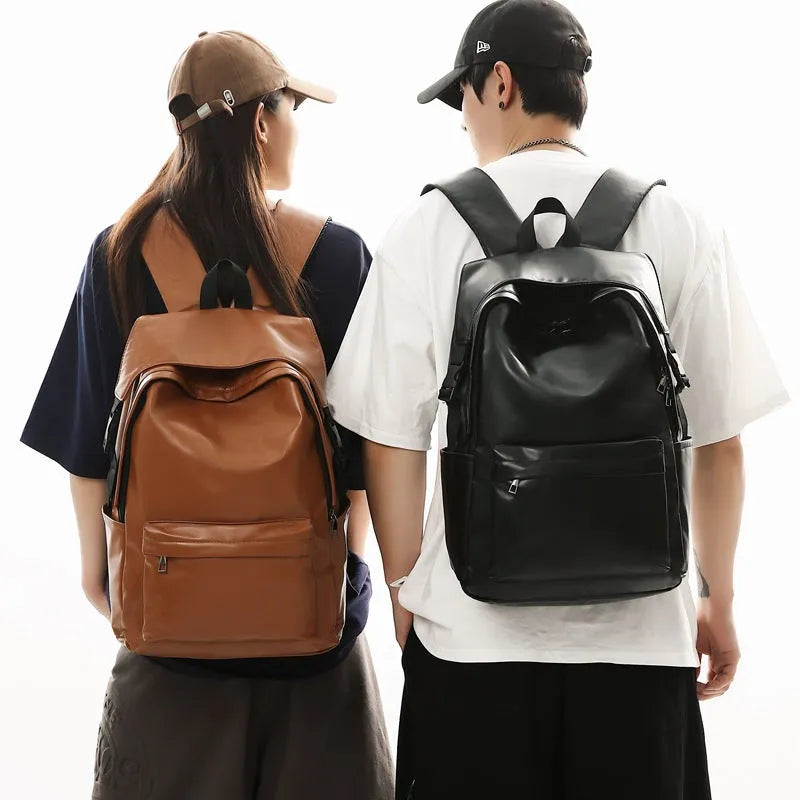 Travel Out large capacity PU leather backpack in black with air pillow belt and sewing thread design, 33x16x46cm