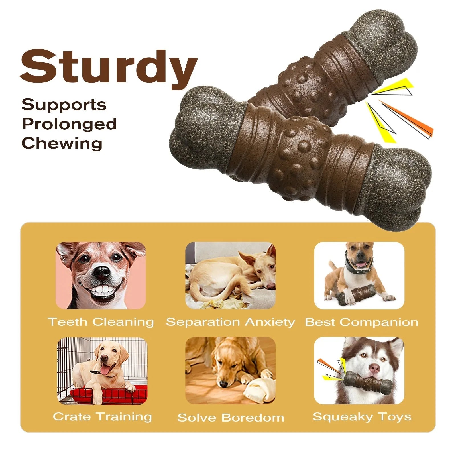 Wood colour plastic dog dental chew toy with sounding bone shape and molar rod
