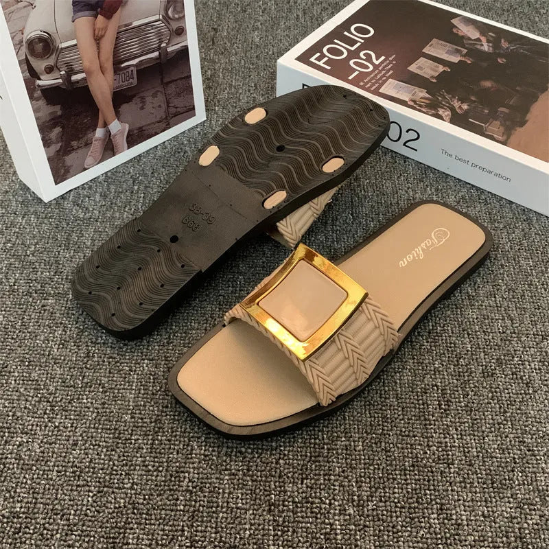 Women's flat summer slippers in apricot colour with a non-slip PVC sole.