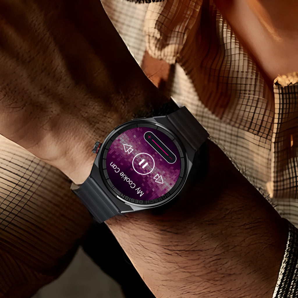 Smartwatch with 1.39 inch glass screen, black shell, black silicone strap, showing step counter screen