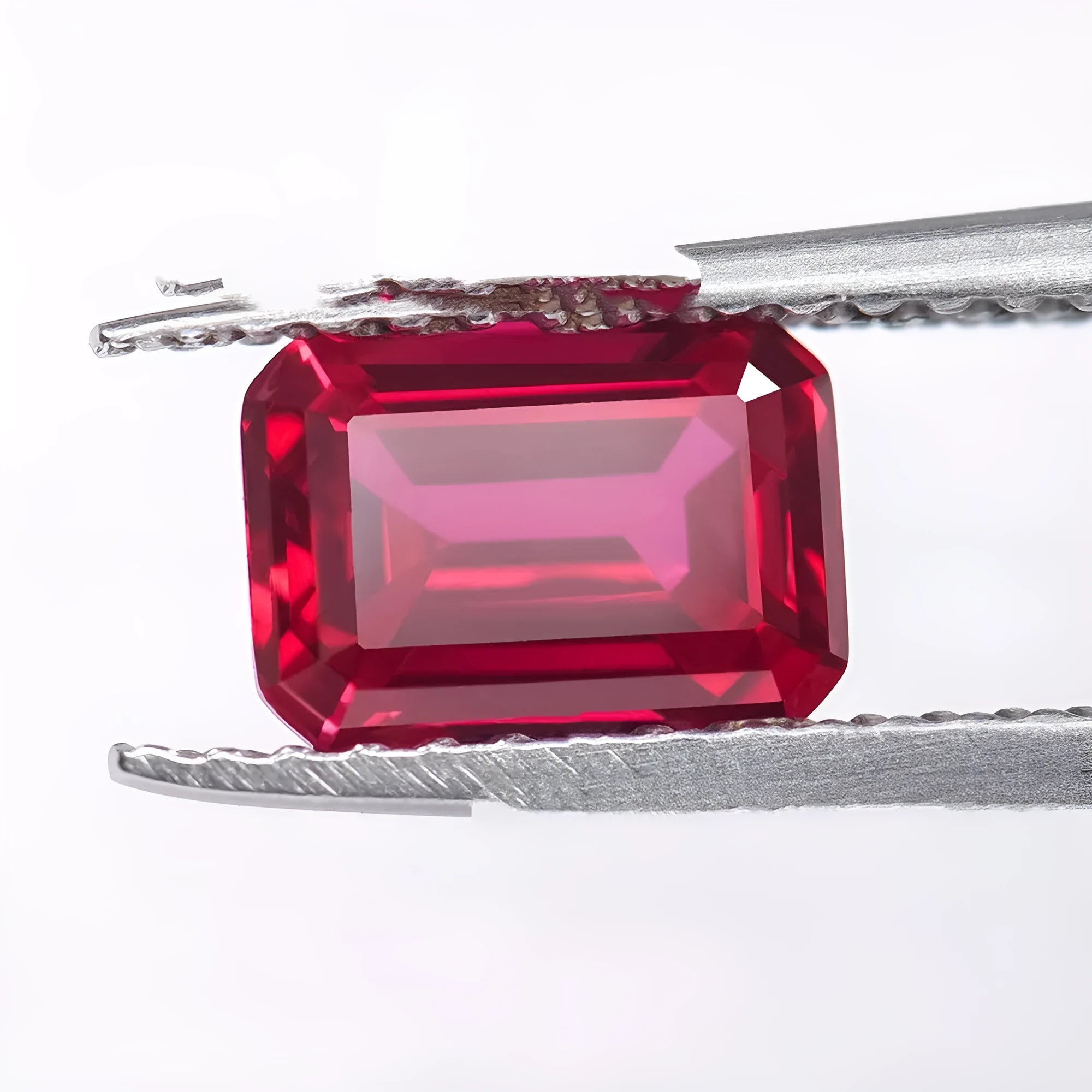 Loose cultivated pigeon blood red ruby gemstone in a princess cut on a grey background.