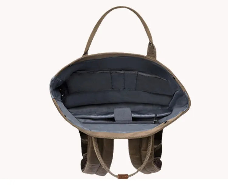 Casual polyester backpack with cover opening showing internal computer pocket and zipper organiser