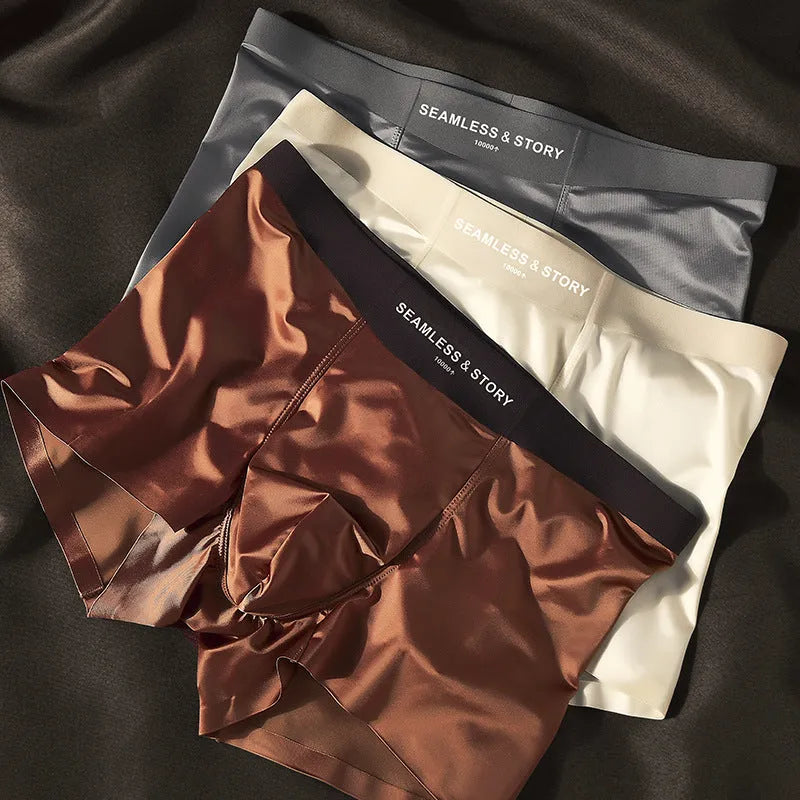 Men's satin ice silk underwear in mid waist design showing traceless construction