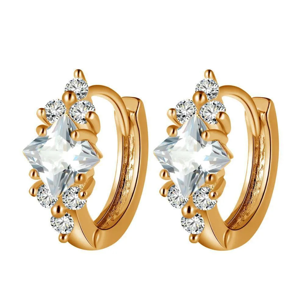 Geometric square zircon earrings for women in copper, gold colour option, 1.8 cm length