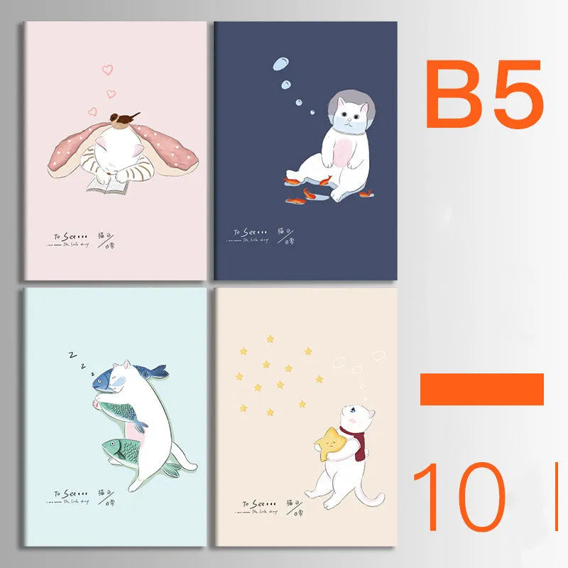 Bundle of ten soft-cover kraft paper notebooks with thread binding in various animal and nature designs.