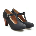Women's suede T-strap buckle heels in black, gray, purple with round toe and 6-8cm high heel