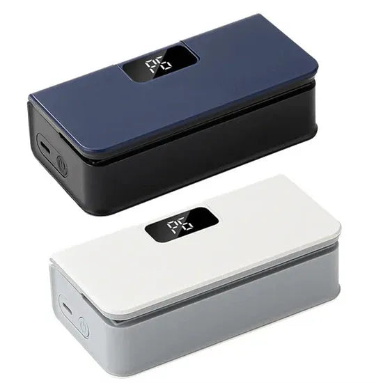 Small white and blue manual heat sealing machine for plastic food bags.