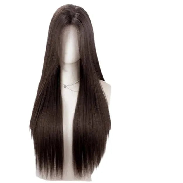 Natural black full-head forehead lace wig with straight mid-length hair displayed with comb, clip, bracket, and bottle.