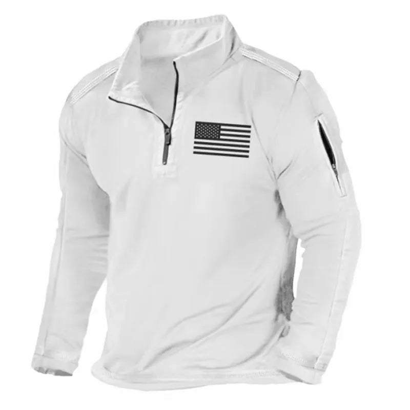 Men's grey zip-up sweater with a stand collar and long sleeves on a hanger.
