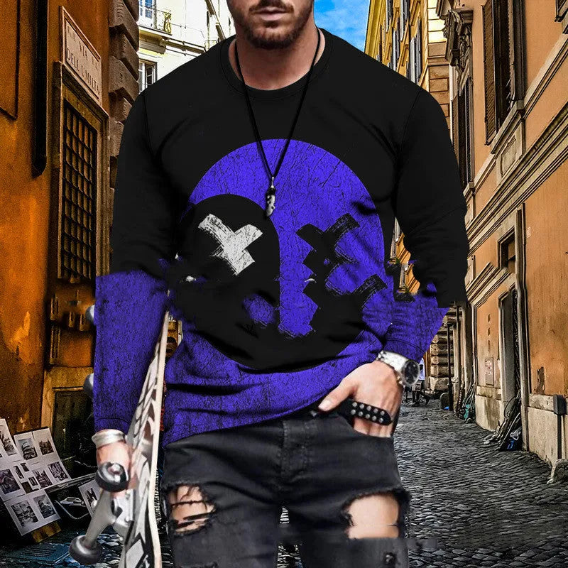 Colour block printed men's top with round neck in polyester blend fabric, digital print pattern