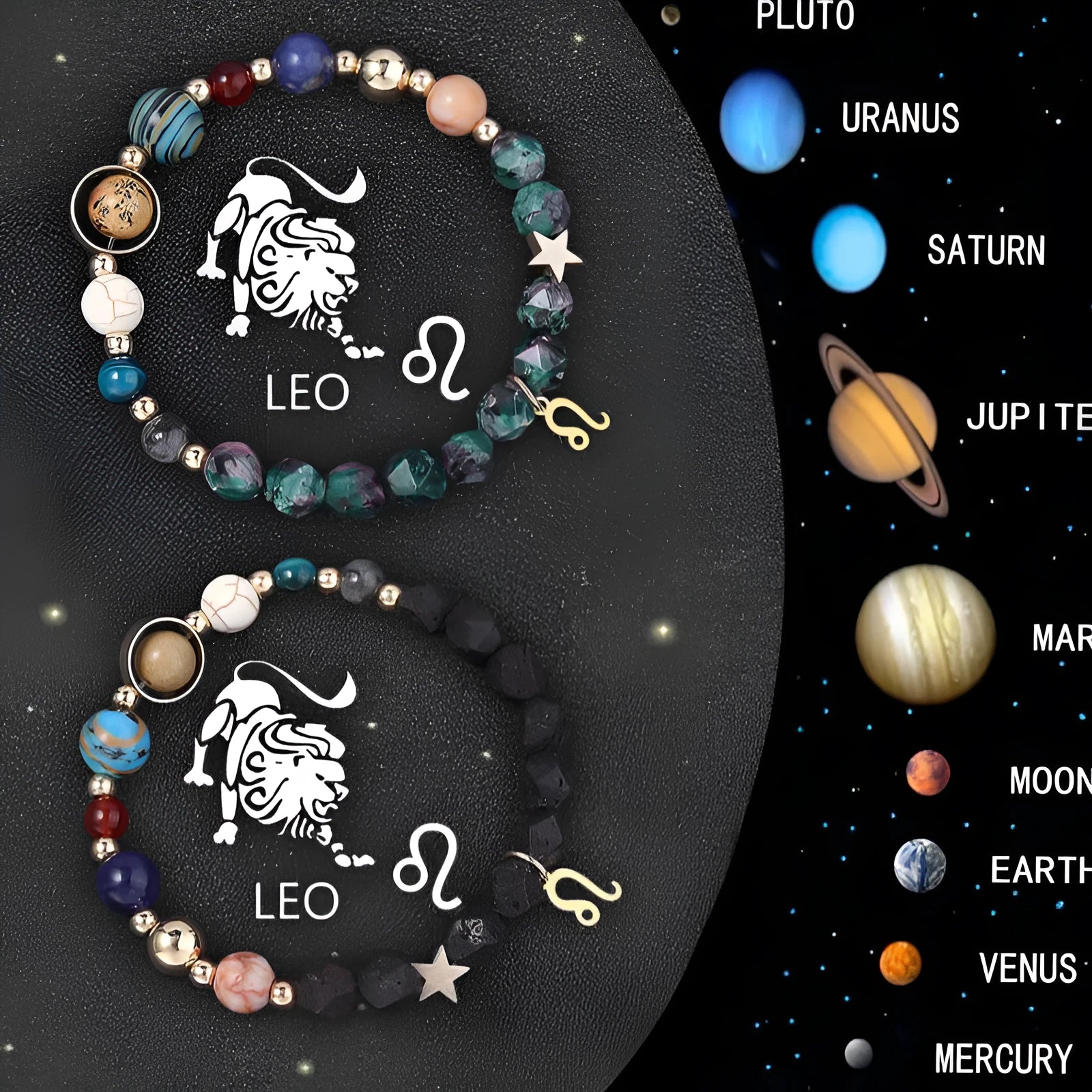 Two natural stone beaded bracelets with zodiac sign charms on a wooden surface.