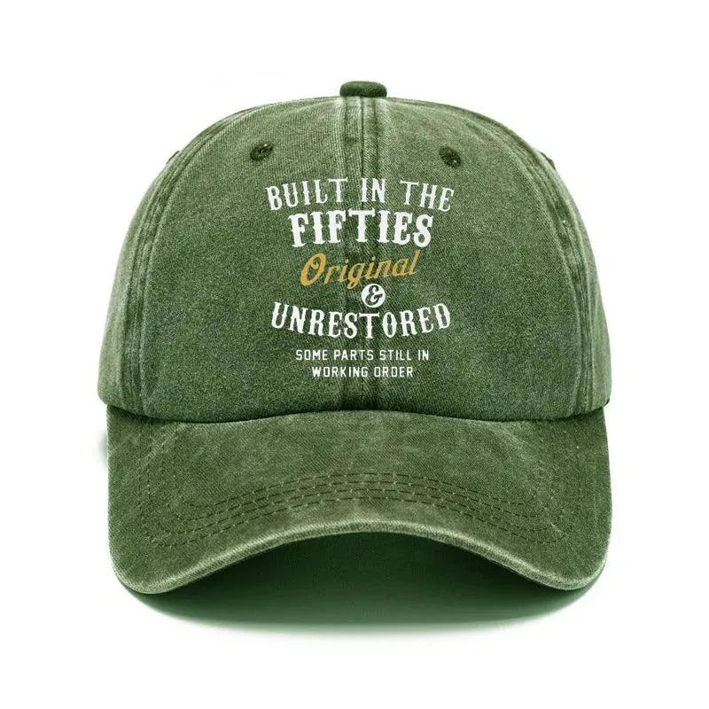 Washed print denim baseball cap with dome crown in retro style, available in multiple colours
