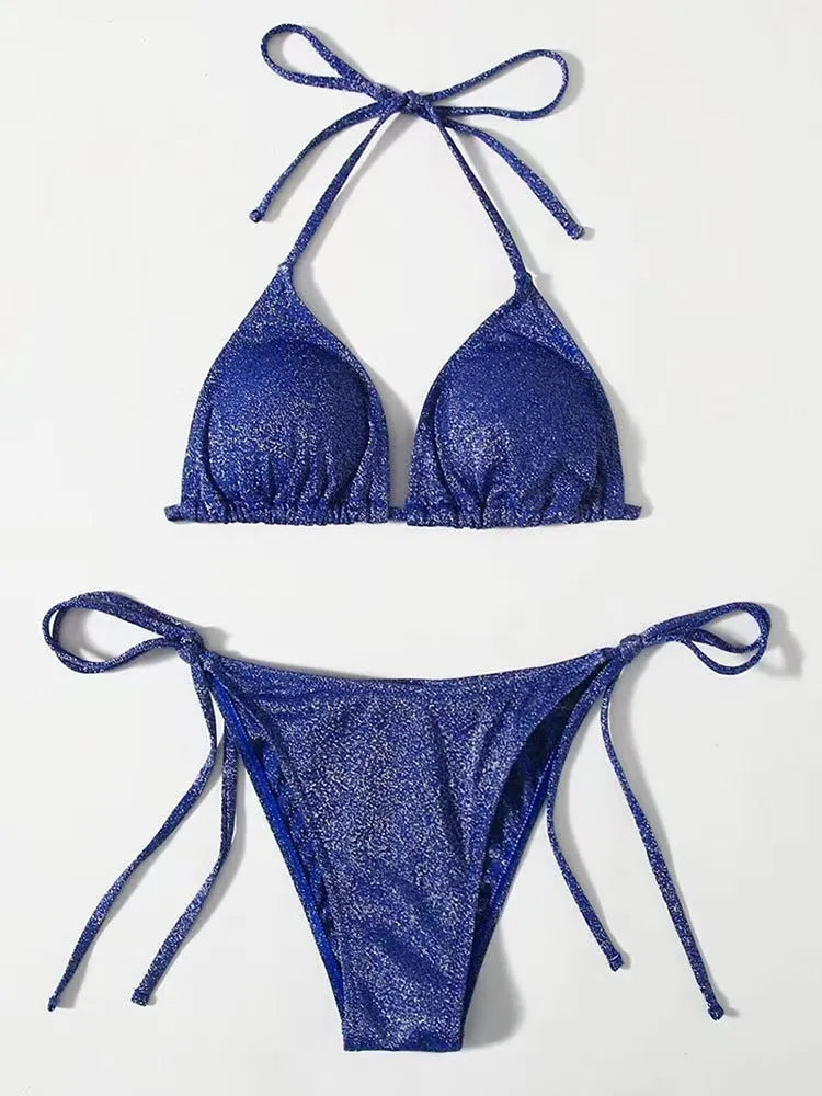Women's bandage bikini swimsuit set in polyester available in six colours with detailed sizing chart