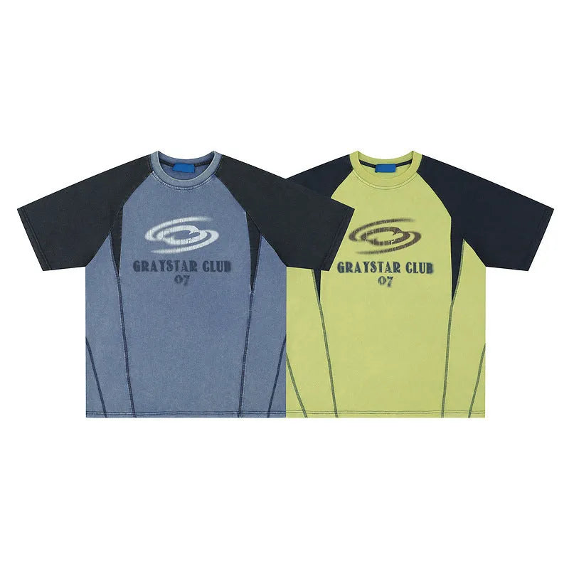 Blue hip hop letter print men's t-shirt with raglan sleeves in loose casual fit