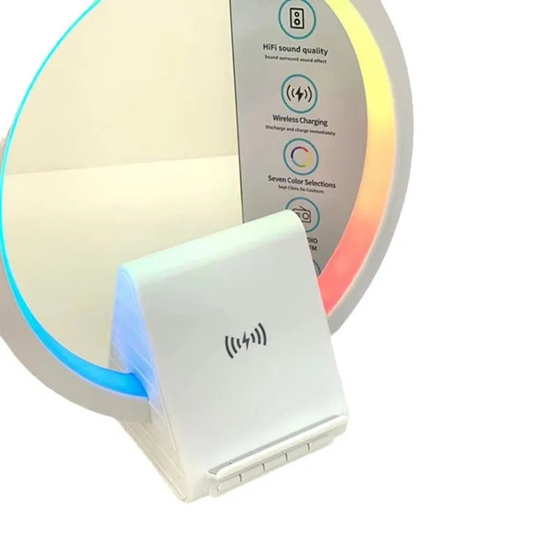 White square Bluetooth speaker with wireless charging pad and ambient LED light on top