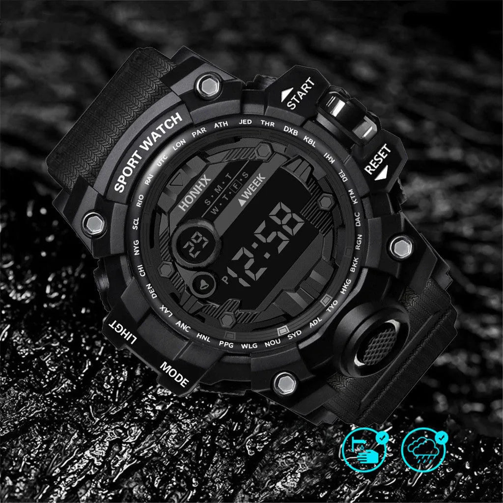 Men's student multi-function electronic watch 55mm round resin case PU strap luminous display sports style