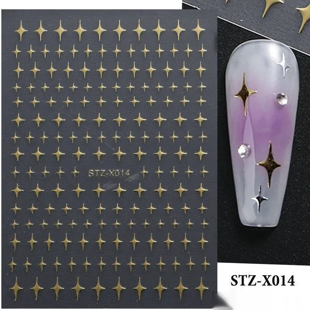 Sheet of black and silver strip nail art stickers with cartoon and love heart designs