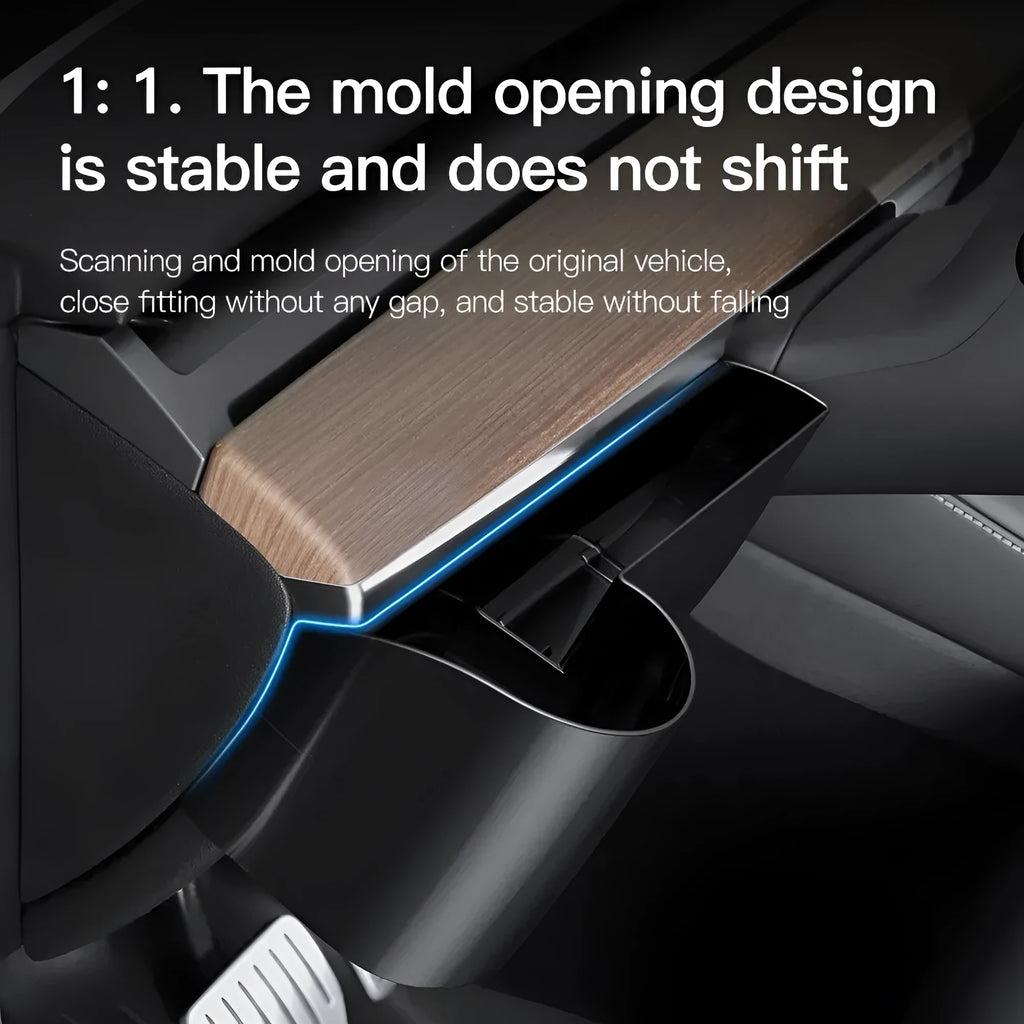 Plastic waterproof cup holder for Tesla Model 3 and Model Y dashboard, shown with a handle.