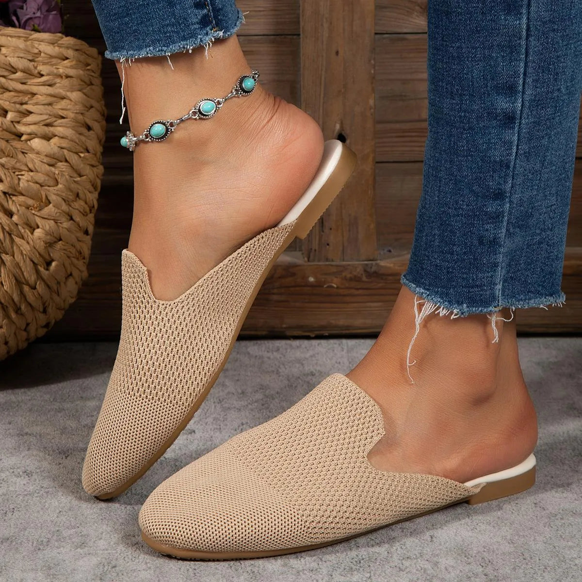 Apricot coloured mesh slip-on sandals with a round toe and flat rubber sole.