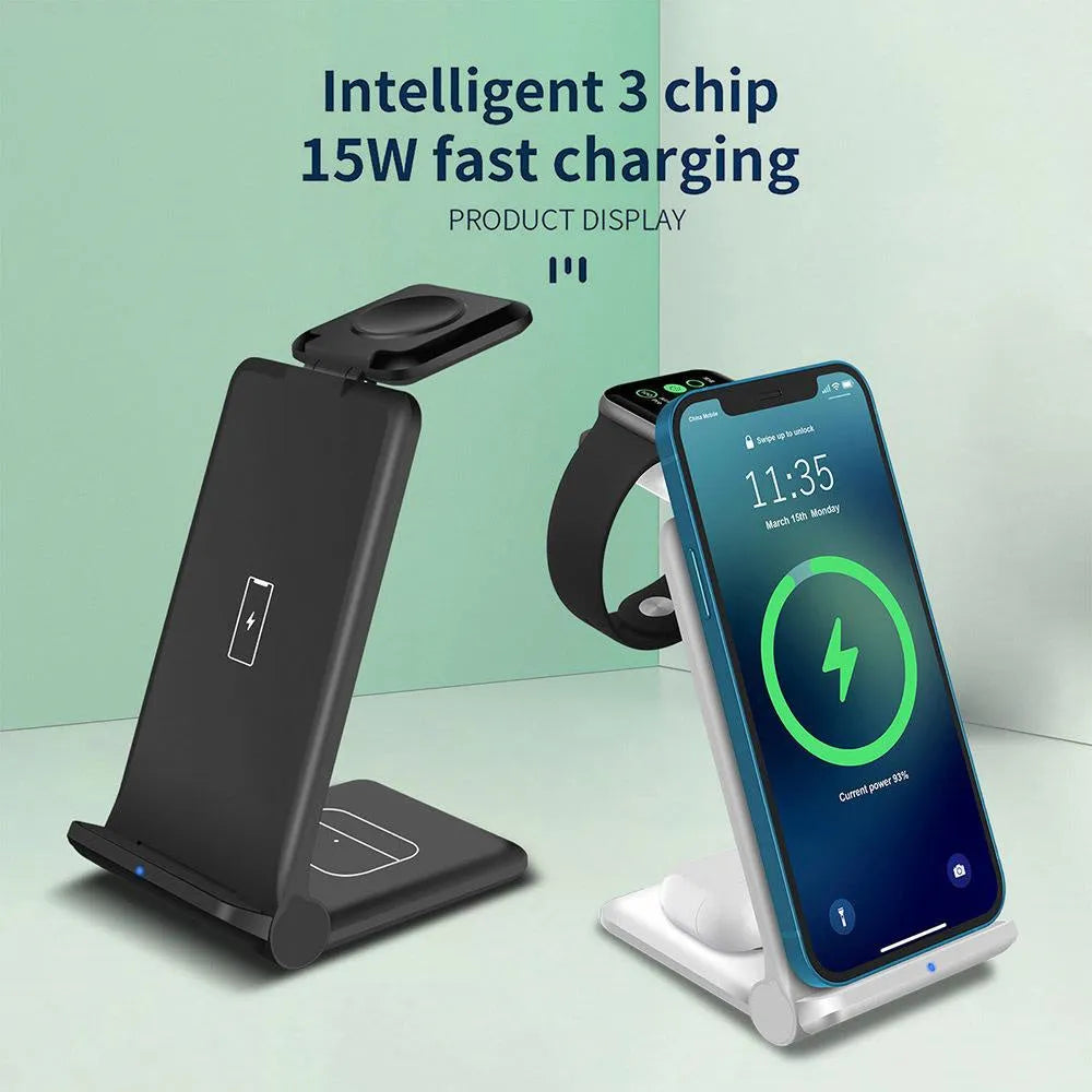 Black and white 3 in 1 foldable wireless charging station for iPhone, AirPods and Apple Watch on a desk.