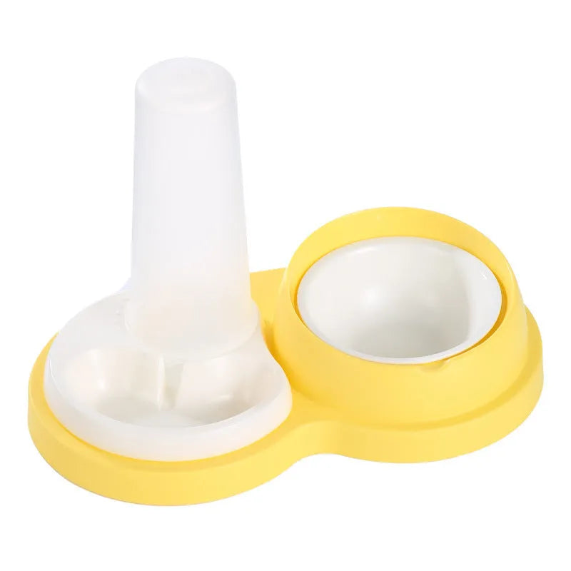 Grey and yellow pet dual feeding bowl with ceramic dish and stainless steel water dispenser on non-slip base