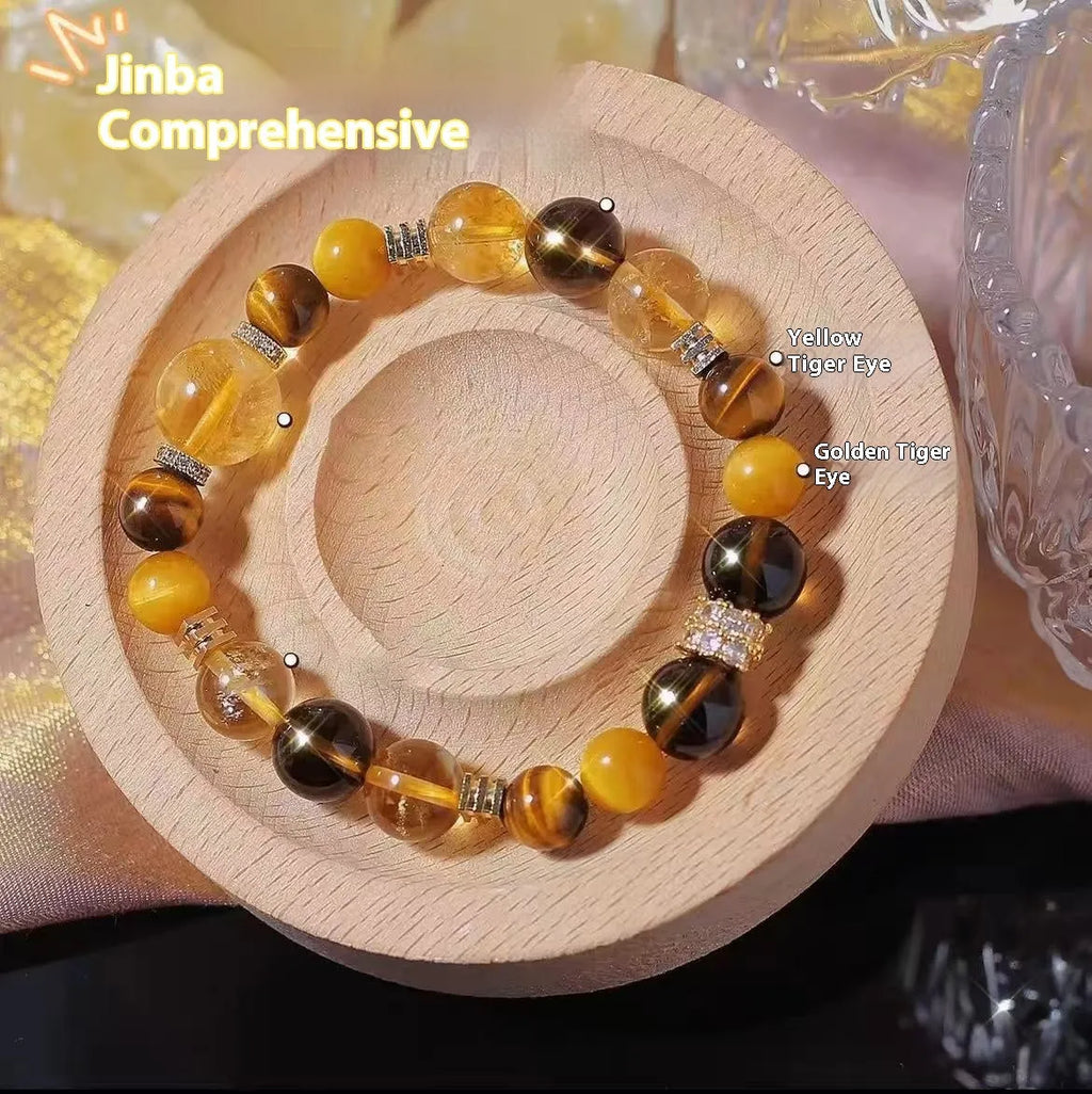 Close-up of a women's bracelet with large 10mm natural yellow artificial crystal beads on a string.