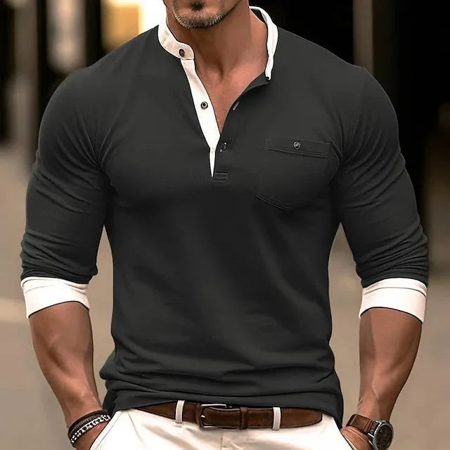 Men's solid colour long sleeve cotton t-shirt on a hanger, showing the round neck design.
