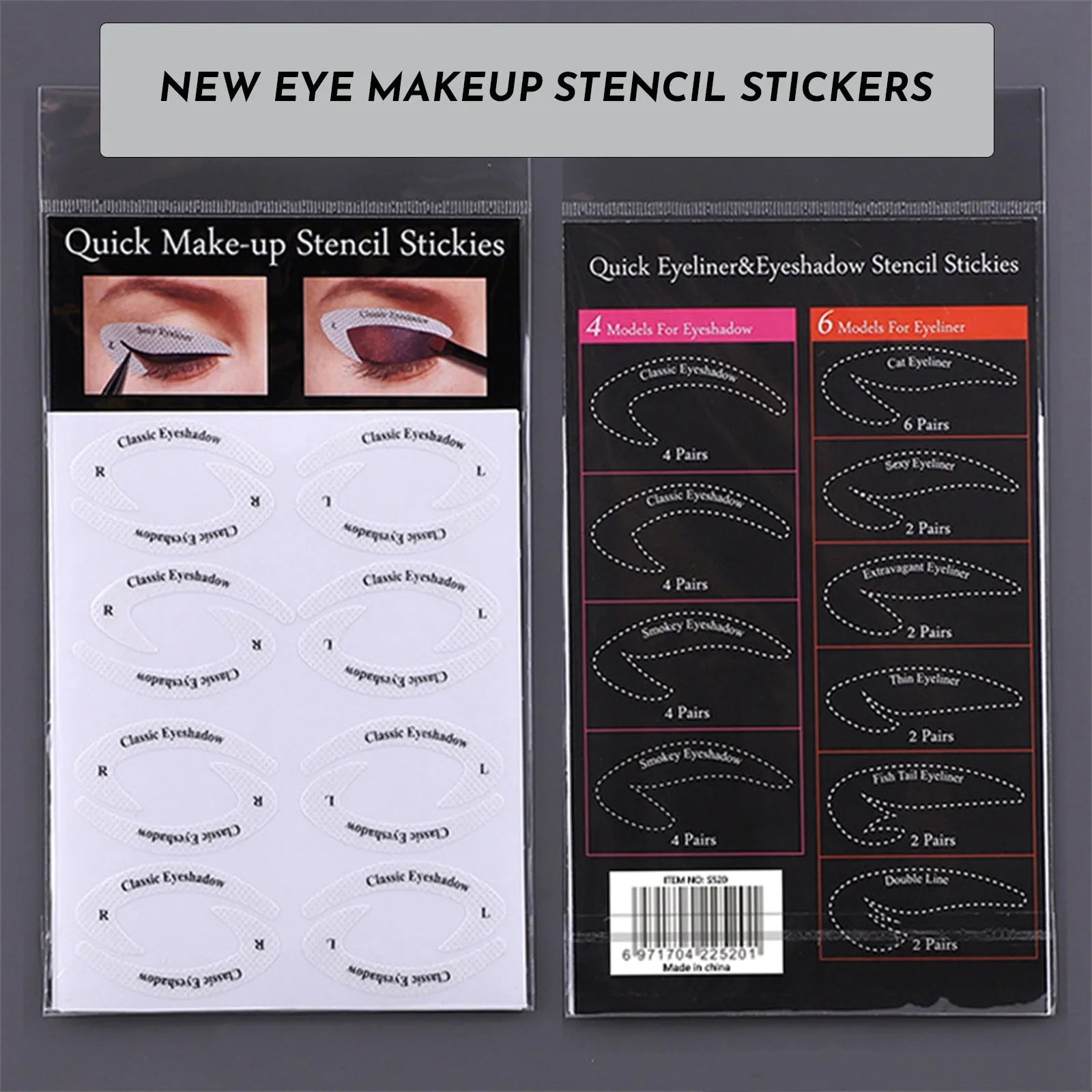 Set of 4 reusable eyeliner makeup sticker templates showing winged liner and cat-eye designs