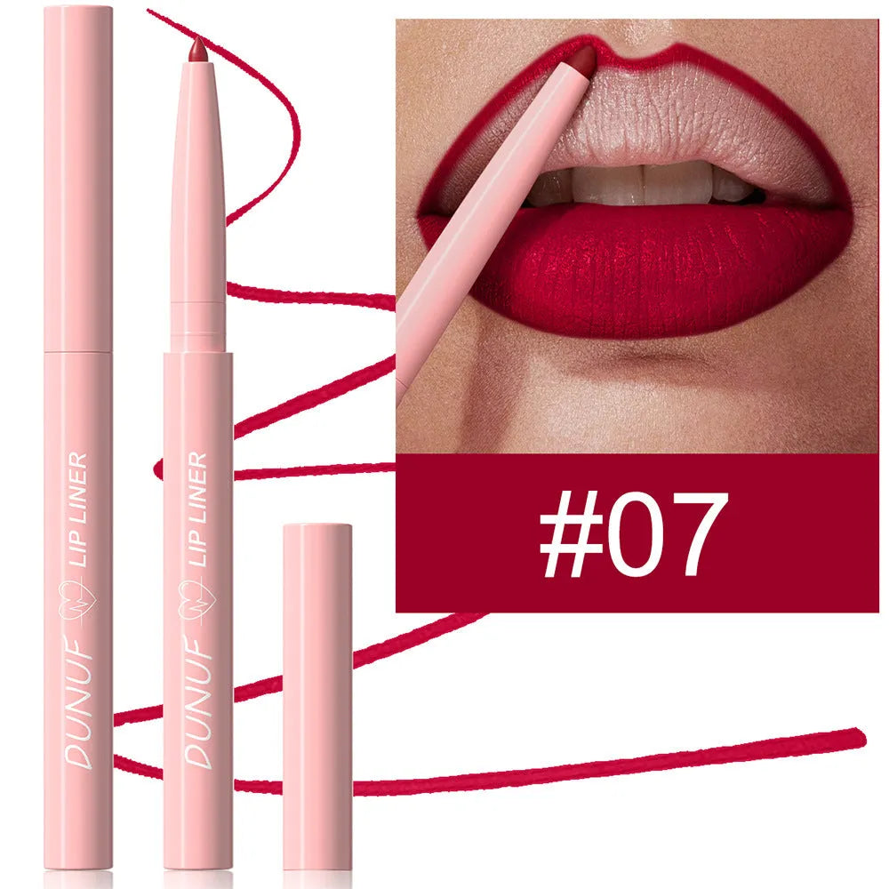Twelve velvet matte lip liner pencils in a row showing different shades from a 12-colour collection.
