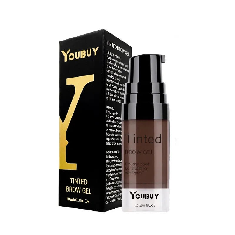 Waterproof quick-drying eyebrow cream in dark grey and golden yellow shades for brow definition.