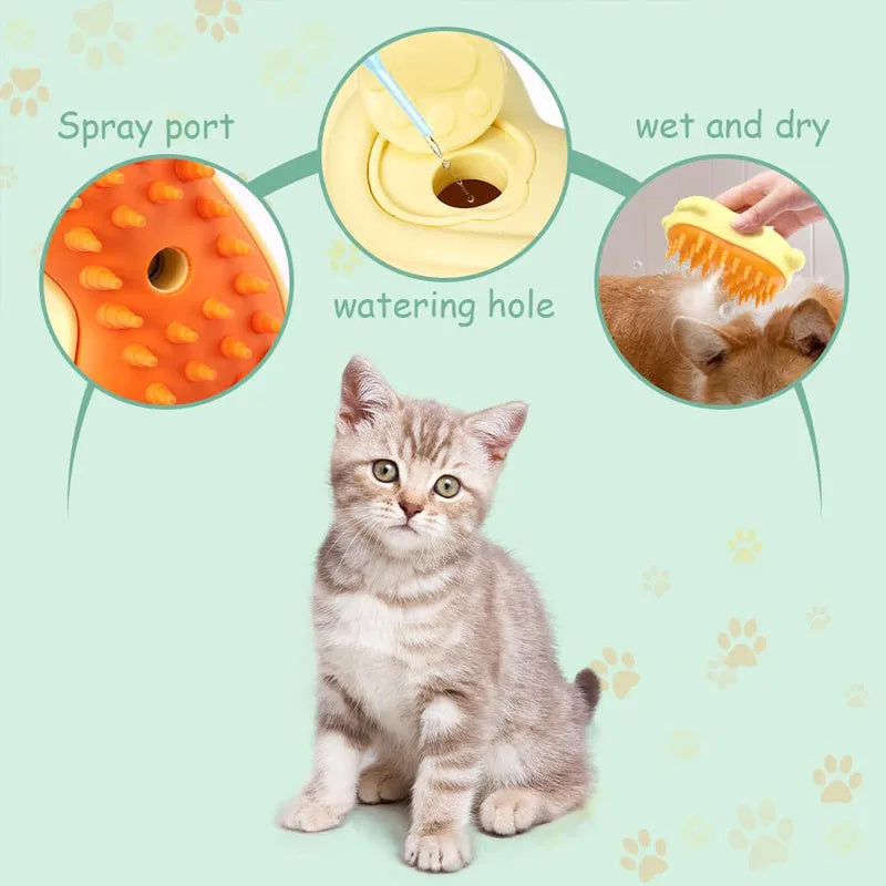 Cat Steamy Brush 3-in-1 pet grooming tool with steam spray function on a table.