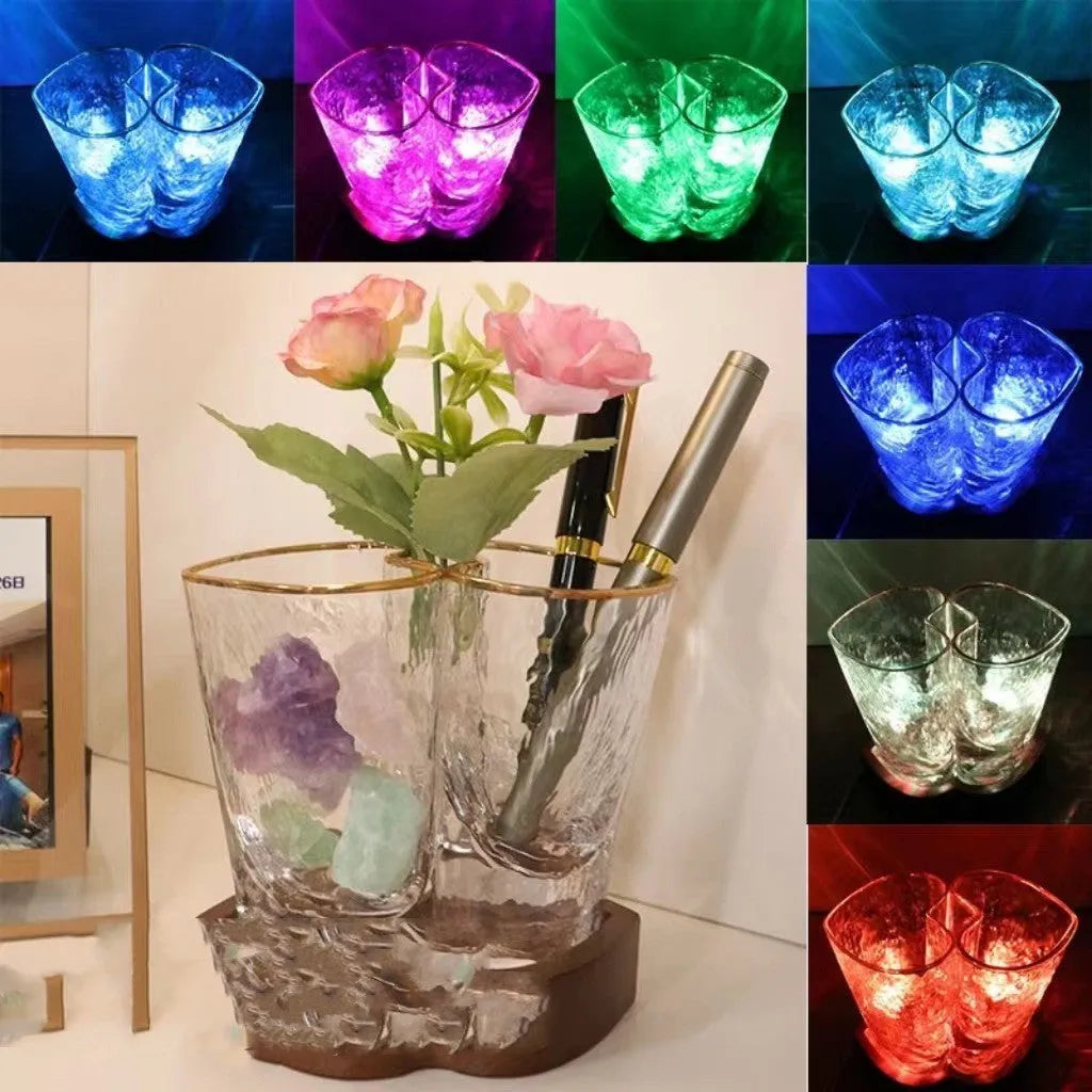 Transparent crystal glass aromatherapy night lamp on beech wood base with USB cable