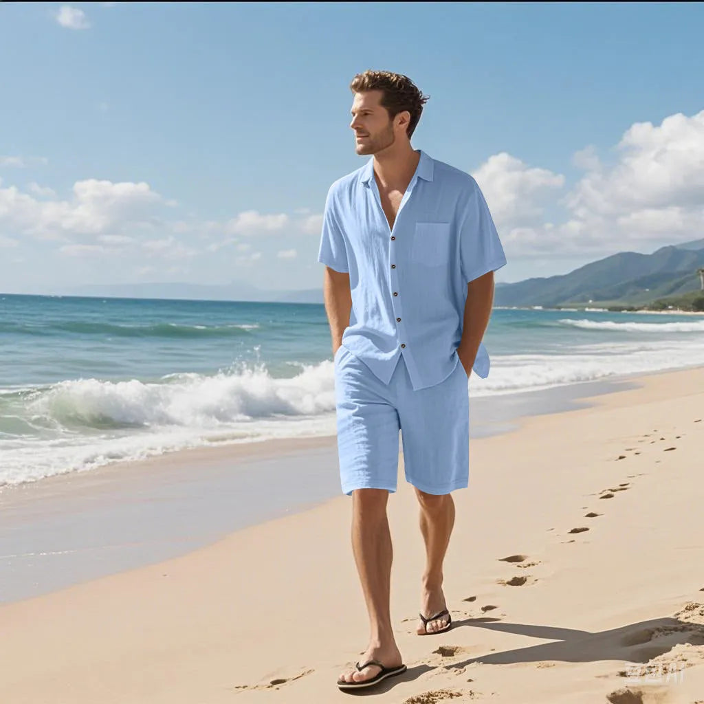 Linen blend short sleeve shirt and shorts beach suit set shown in light blue colour.