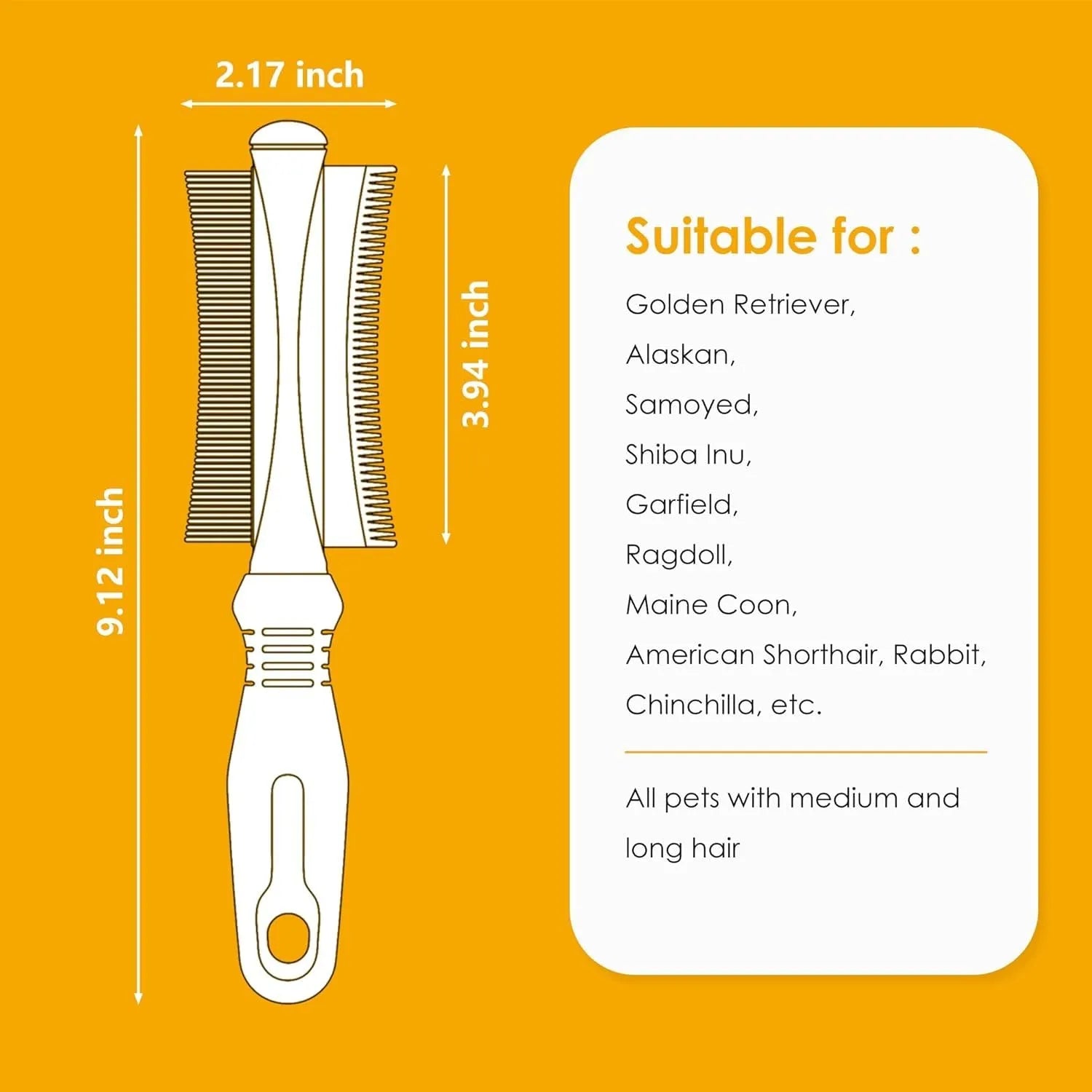 White 2-in-1 dog and cat deshedding brush and grooming comb with curved comb side and ergonomic handle.