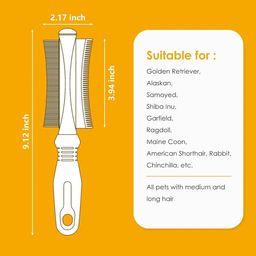 White 2-in-1 dog and cat deshedding brush and grooming comb with curved comb side and ergonomic handle.