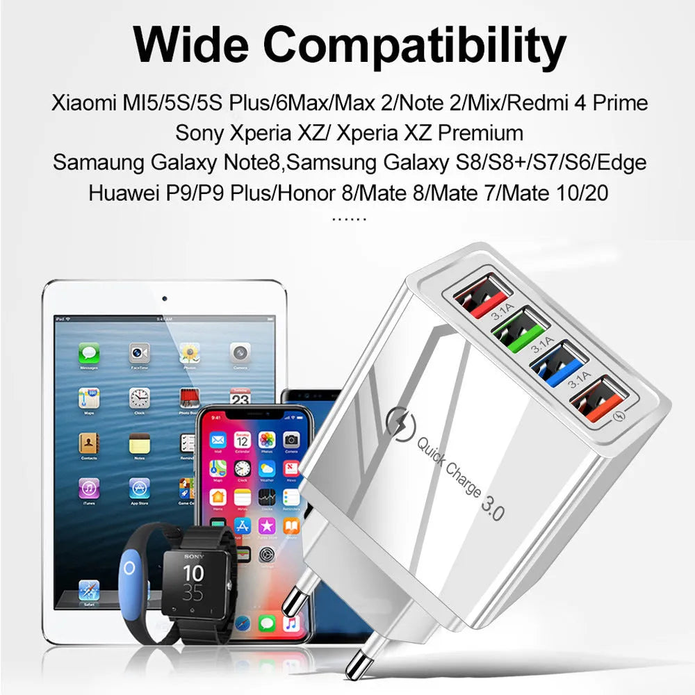 Multi-port USB charging head with four ports, PC+ABS housing in black, white, and blue options