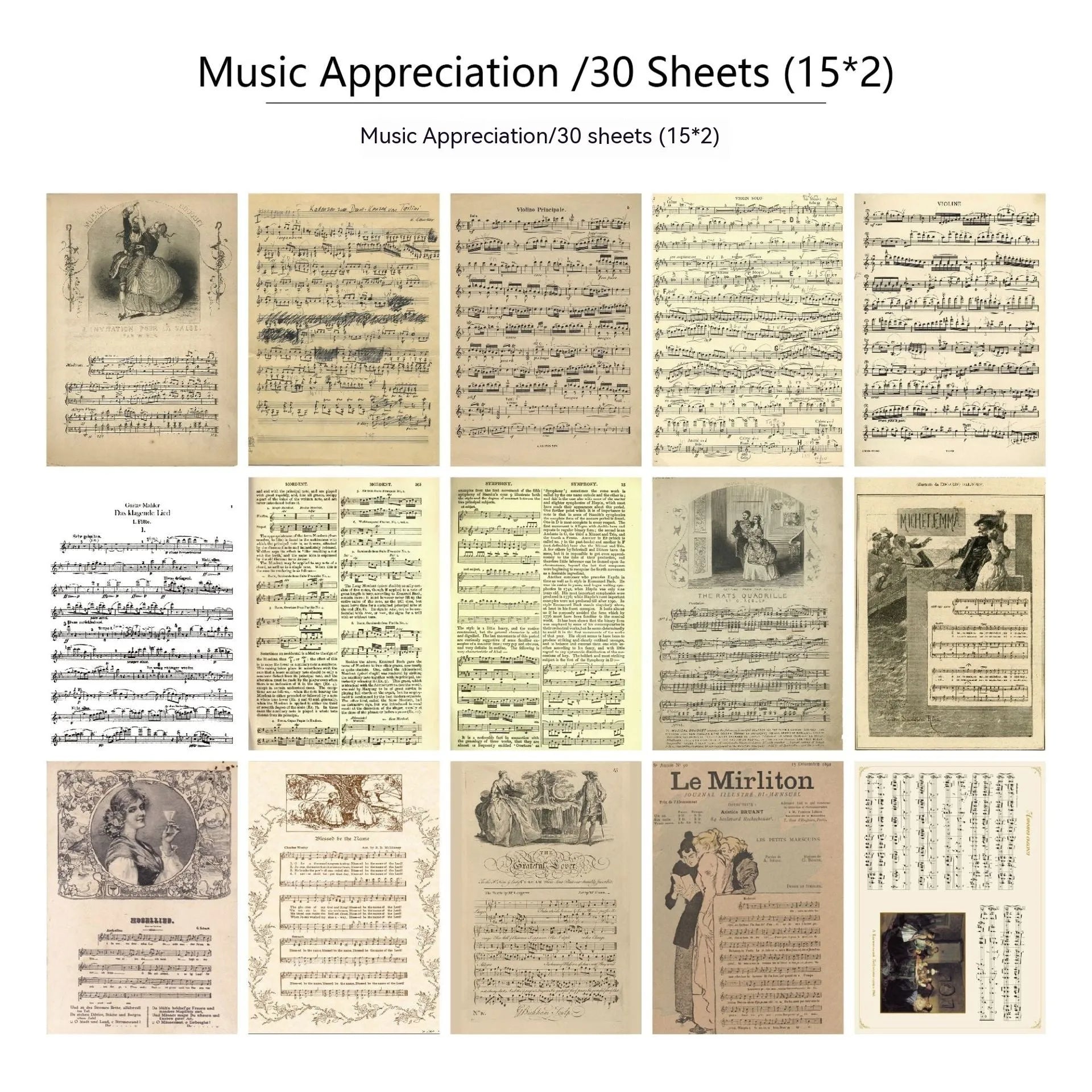 30-piece vintage scrapbook paper set with botanical floral and musical printed designs