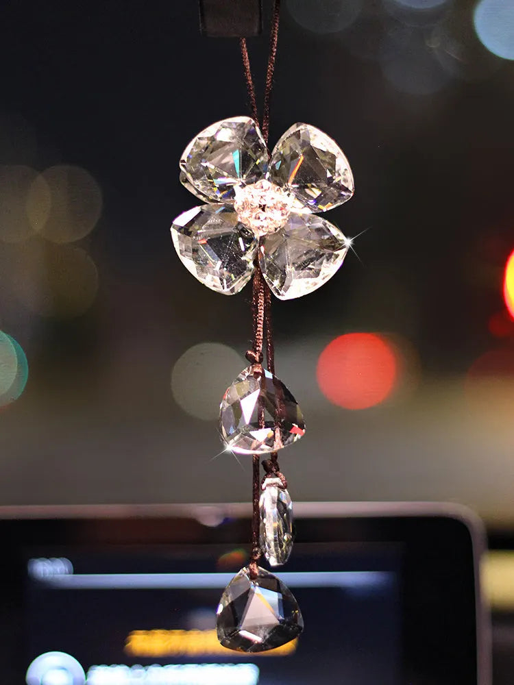 Crystal four leaf clover car pendant decoration approximately 20cm in transparent, champagne, black or shiny finish