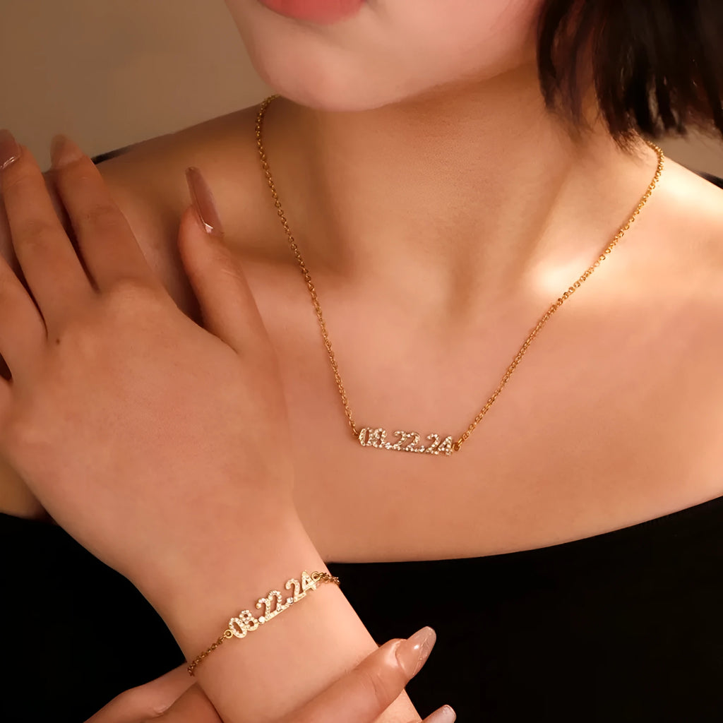 Stainless steel digital bracelet necklace with diamond studded numbers in gold, rose gold, or steel