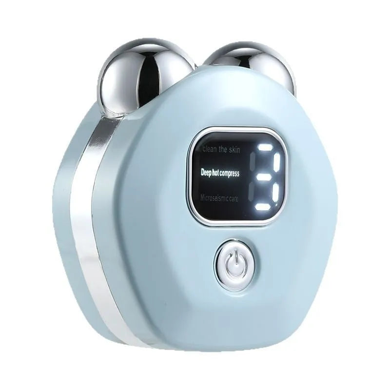 Portable white hot compress microcurrent facial massage instrument with two silver roller heads.