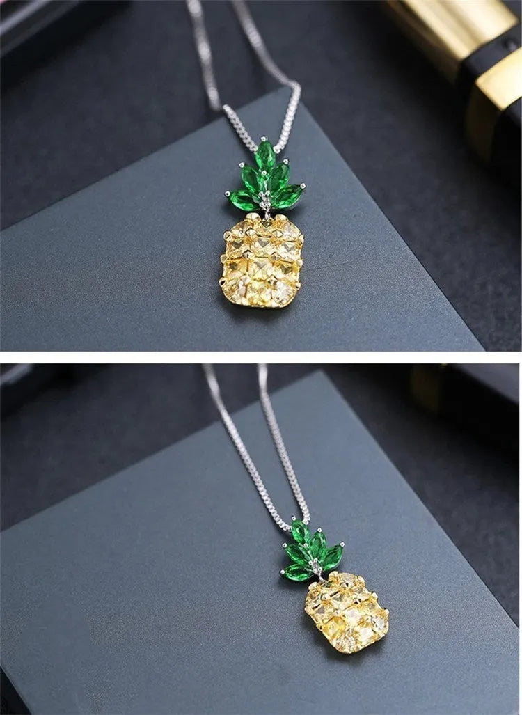 Silver Korean fashion necklace with pineapple and diamond pendant charms and geometric design