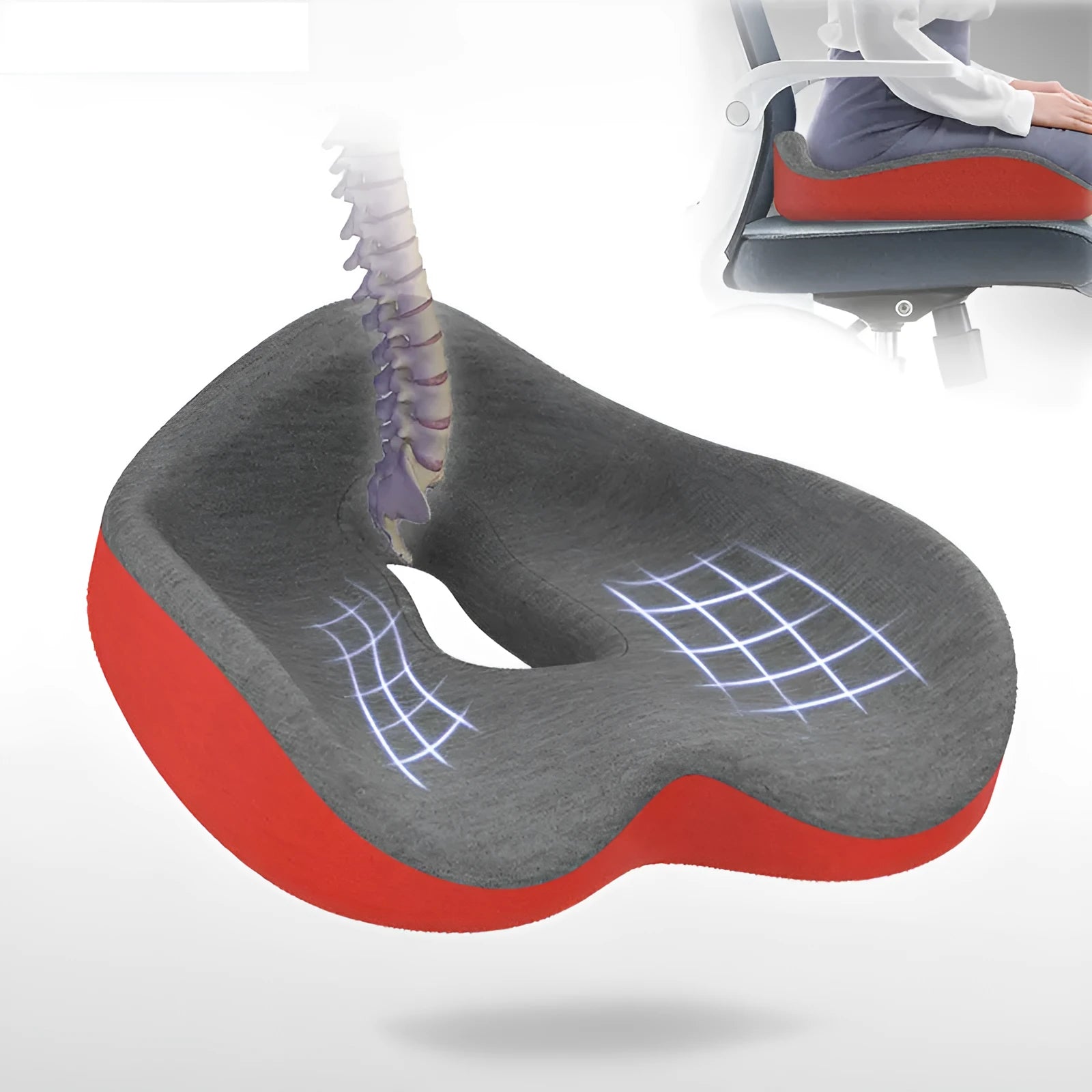 Memory foam seat cushion in light grey and navy blue on an office chair, 43x36x14cm
