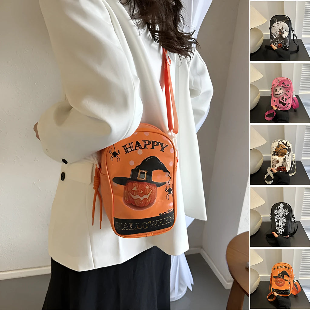 Black Halloween graffiti crossbody bag with pumpkin, ghost, and bat print