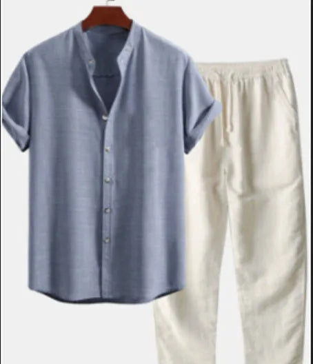 Men's floral print cardigan shirt with coordinating pants in slim fit casual style