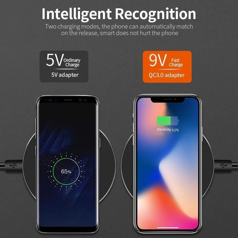 Black square QI wireless charging base measuring 98x98mm with ultra-thin 6.5mm profile