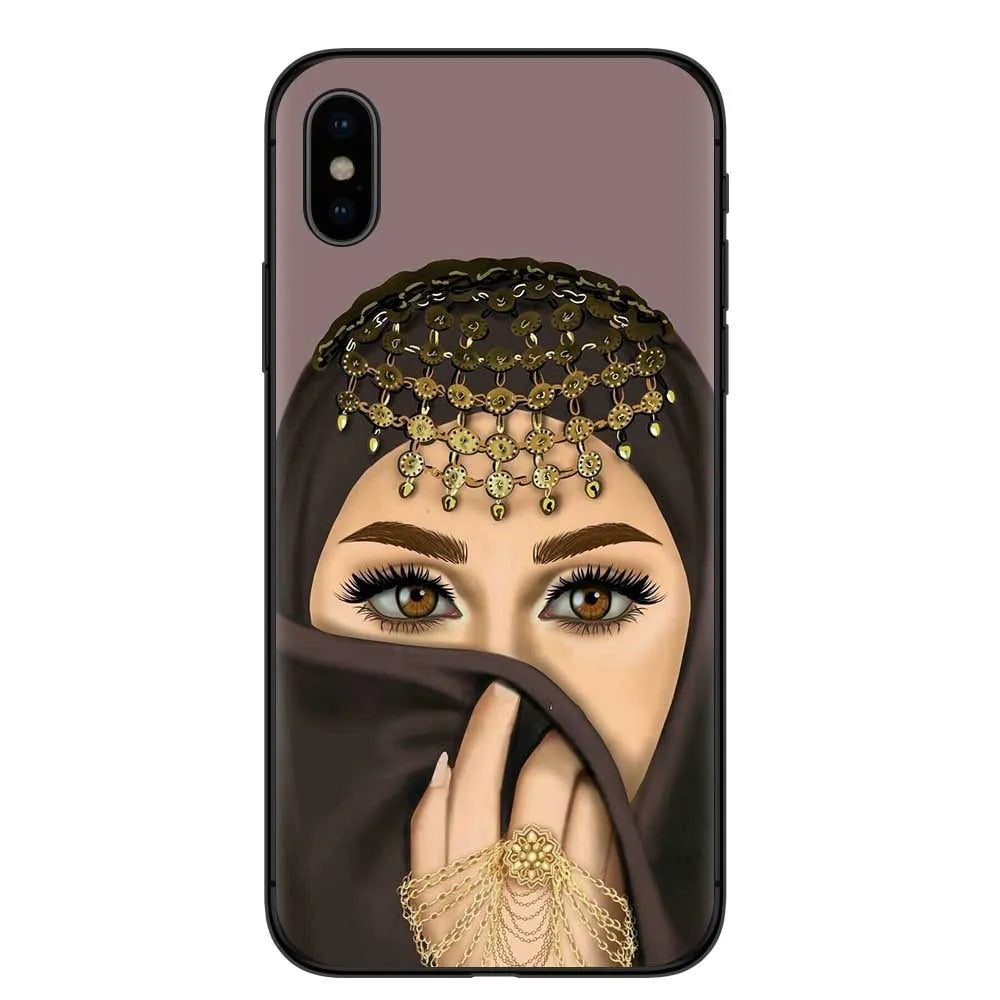 Islamic hijab veil girl TPU phone case with rhinestones floral letters painted design for iPhone