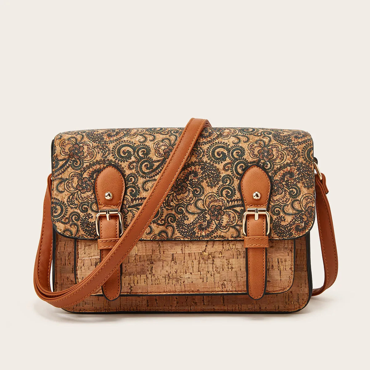 Women's printed PU crossbody bag with single strap shown in one of four colour options: pansy, square print, grass flower, or green.